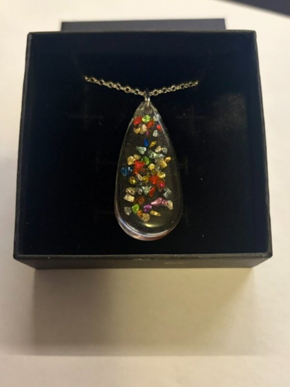 Handcrafted Rainbow Confetti Resin Teardrop Pendant Necklace